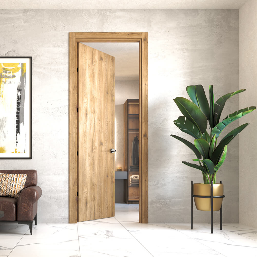 Kit puerta de madera melaminica con marco veta vertical color macadami -  Madecentro