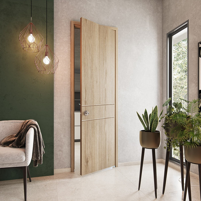 Kit puerta de madera melaminica con marco ranurada veta vertical color -  Madecentro
